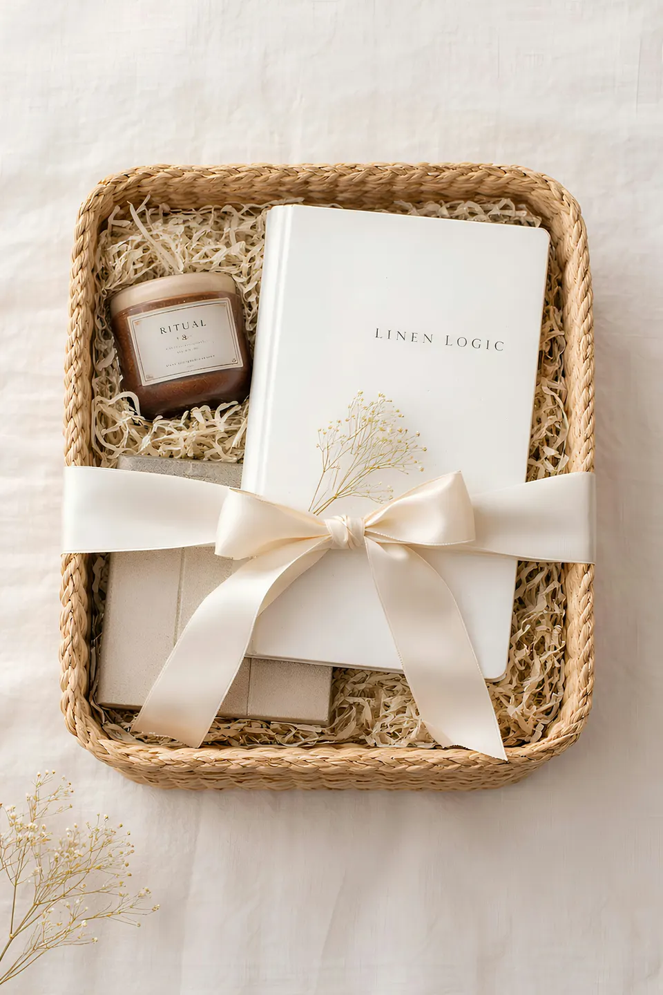 A woven gift basket packed with a candle and a book, tied with a cream satin ribbon